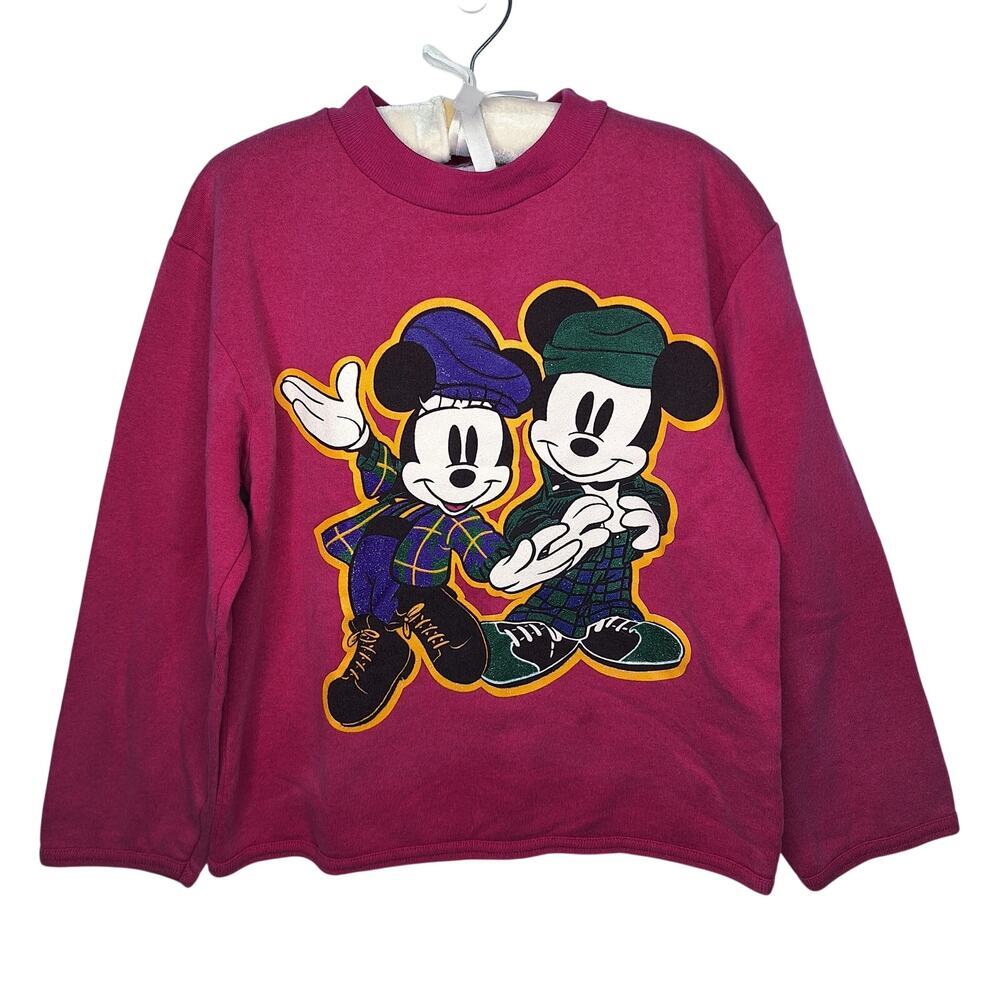 Vintage 90s Mickey Mouse Sweatshirt Girls Kids 7/8 Magenta Hot Pink Disneyland